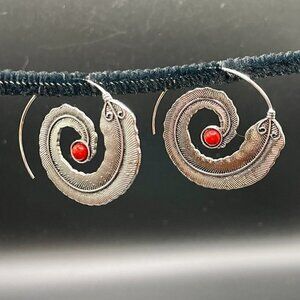 Large Silver Feather Spiral Earrings in Red or Turquoise Blue #630